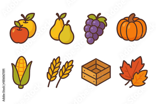 Autumn Harvest Icons. Autumn Harvest Basket flat icon set: apples, pears, grapes, pumpkin, corn, wheat stalks, wooden crate, fall leaves