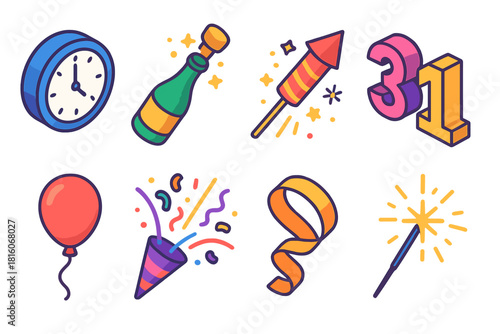 Countdown Celebration Icons. Final Countdown Pack flat icon set: analog clock at midnight, champagne pop, fireworks trail, 3-2-1 digits, balloon, confetti burst, ribbon curl