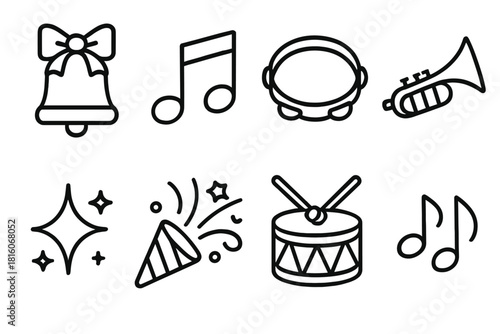 Festive Sound Icons. Festive sound linear icon set : bell ornament, music note, tambourine, festive trumpet, snare drum, sparkle sound, confetti burst, rhythm icon
