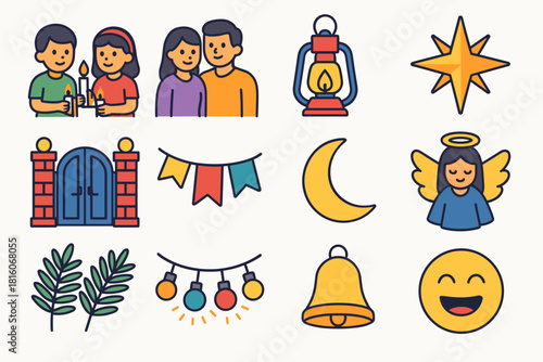 Festive Posadas Icons. Posadas Family Joy flat icon set: children with candles, parents, lantern, star of Bethlehem, house gate, garland, moon, angel, palm leaves, glowing lights