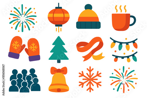 Winter Festival Icons. Winter Celebration flat icon set : fireworks, lanterns, wool hats, hot drinks, mittens, pine trees, ribbons, festive ribbons, glowing lights, crowd