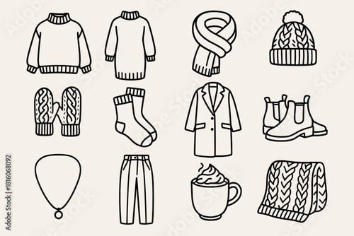 Winter Knitwear Icons. Cozy Winter Knitwear linear icon set: oversized sweater, knit dress, chunky scarf, beanie hat, cable mittens, wool socks, long coat, ankle boots, delicate