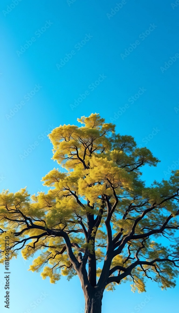 Fototapeta premium A single majestic tree stands against a clear blue sky, its branches reaching upwards, isolated, simple