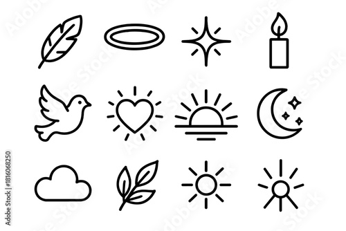 Symbols of Heavenly Hope. Heavenly Hope linear icon set : feather, halo ring, radiant star, candle flame, dove, glowing heart, sunrise, moonlight, soft cloud, peace leaf, golden
