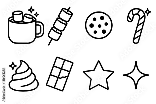 Sweet Treat Icons. Marshmallow treat linear icon set : cocoa cup, marshmallow stick, cookie, candy cane, chocolate bar, whipped cream, star, sparkle