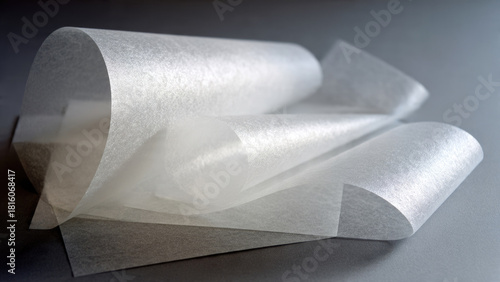 A roll of translucent white non-woven material or tracing paper unfurling and folding delicately on a plain grey surface, highlighting its texture.