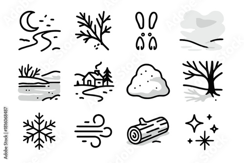 Moonlit Winter Landscape. Silent Passage linear icon set : moonlit trail, frosted branch, snow hare tracks, misty fog, frozen riverbank, distant cabin, soft snow pile, tree shadow