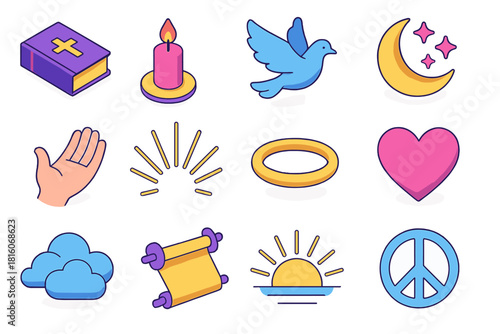 Spiritual Awakening Icons. Spiritual Awakening Icons flat icon set: holy book, candlelight, dove in flight, moon and stars, open hand, light rays, halo, heart, clouds, scroll