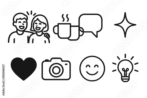 Joyful Icons Collection. Joyful Moments linear icon set: friends laughing, coffee mugs, speech bubble, star sparkle, heart, camera, smile, light