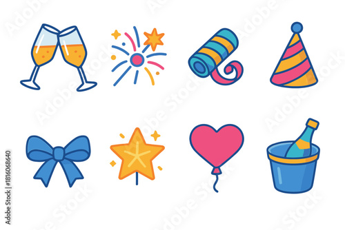 Vibrant Holiday Icons. Holiday Party 2026 flat icon set: champagne toast, firework explosion, streamer roll, festive hat, gift ribbon, glowing star, balloon heart, champagne bucket