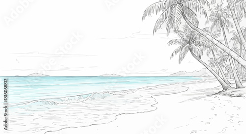 Tropical Beach Scene with Palm Trees and Gentle Waves Sketch.