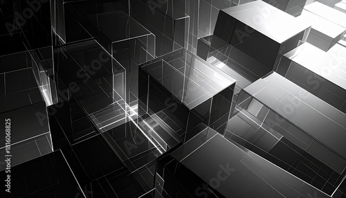 Fototapeta Naklejka Na Ścianę i Meble -  モノクロームのガラスブロックが織りなすシャープなデジタル抽象空間