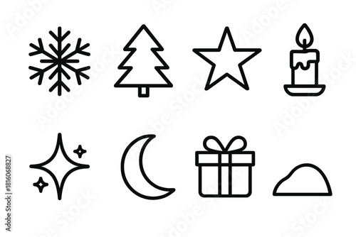 Winter Icon Collection. Season of wonder linear icon set : snowflake, pine tree, star, candle, sparkle, moon, gift box, snow mound