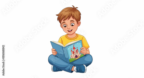 Young boy happily engrossed in reading a storybook.