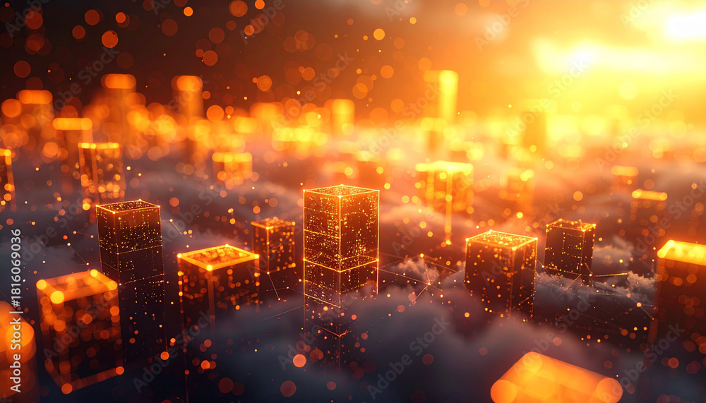 Fototapeta premium オレンジの光に包まれた透明キューブとネットワーク接続