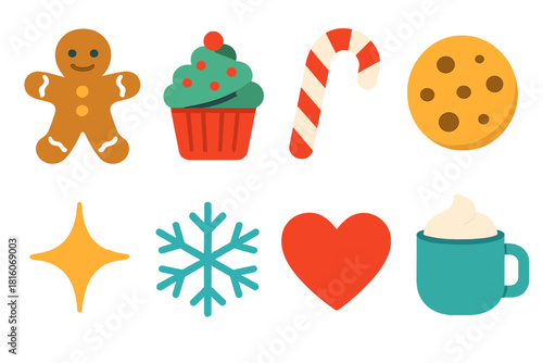 Colorful Holiday Treats. Holiday treats flat icon set : gingerbread man, cupcake, candy cane, cookie, cocoa cup, sparkle, snowflake, heart