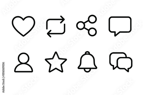 Digital Community Icons. Community activity concept linear icon set: like heart, repost arrow, share icon, comment bubble, follow symbol, star, notification bell, chat