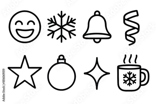 Festive Laughter Icons. Festive laughter linear icon set : laughing face, snowflake, bell, ribbon curl, star, ornament, sparkle, festive mug