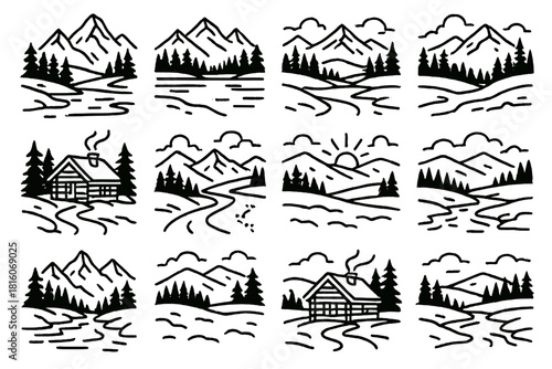 Serene Snowy Panorama. Snowy Landscapes linear icon set: mountain peaks, frozen lake, pine forest, cabin with smoke, snowy path, cloudy sky, deer tracks, distant sunrise, icy river