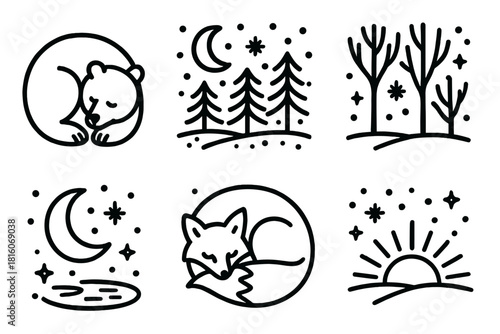 Winter Wildlife Icons. Winter Rest Cycle linear icon set: curled-up bear, moonlit forest, falling snow, quiet trees, stars above, frozen pond, sleeping fox, dawn light