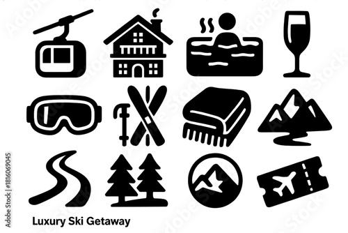 Brutalist Ski Retreat Icons. Luxury Ski Getaway silhouette icon set: ski lift, snow chalet, spa pool, champagne glass, goggles, ski equipment, cozy blanket, mountain silhouette