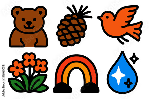 Brutalist Wilderness Icons. Cheerful Wilderness silhouette icon set : bear cub, pinecone, fluttering bird, flower patch, rainbow arc, sparkling droplet