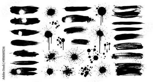 Abstract black paint splatter and ink splashes with dirt stains and spray effects isolated on a clean white background for artistic design