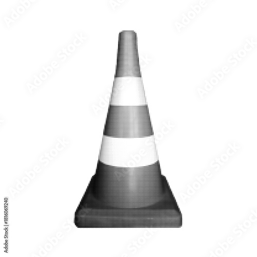 Halftone illustration of a traffic cone with striped design. Minimal monochrome safety symbol for roadwork, caution signage, construction graphics, and warning concepts.