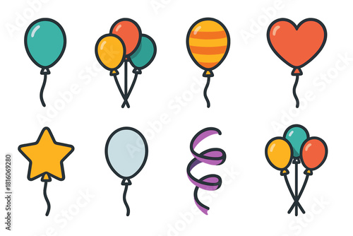Colorful Balloon Icons. Party Balloons Icons set flat icon set: helium balloon, cluster of balloons, striped balloon, heart balloon, star balloon, transparent balloon, ribbon swirl