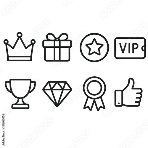 VIP Perks Icons. Exclusive benefit concept linear icon set: crown, gift box, star badge, VIP card, trophy, diamond, ribbon, thumbs up