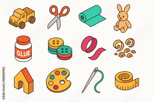 Toy Craft Icons. Toy Making flat icon set: wooden truck, scissors, fabric roll, stuffed bunny, glue jar, button stack, ribbon curl, wood shavings, dollhouse piece, paint palette