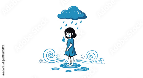 A sad little girl crying under a personal rain cloud symbolizing depression loneliness and sorrow in a poignant vector illustration.
