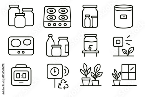 Eco Kitchen Icons. Eco-Friendly Kitchen linear icon set: reusable jars, energy-efficient stove, smart compost bin, induction cooktop, glass containers, refill station, digital