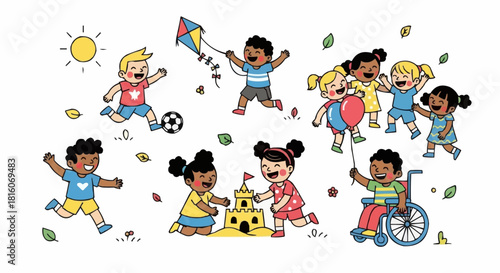Diverse group of children enjoying various outdoor activities together.