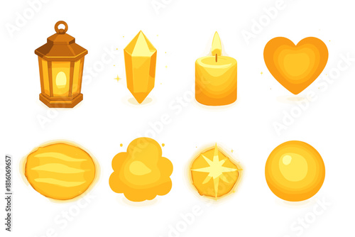Isometric Warm Glow Icons. Warm glow flat icon set : golden lantern, glowing crystal, gentle candle, radiant heart, smooth beam, warm haze, bright spark, soft orb