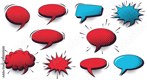 A vibrant collection of red and blue comic book speech bubbles with pop art halftone effects for expressing dialogue and exclamations.