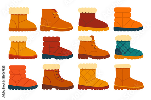 Stylish Winter Boots. Cozy Boots flat icon set : fur-lined boot, suede ankle boot, leather snow boot, waterproof sole, puffy boot, lace-up design, wool trim, quilted shaft, warm