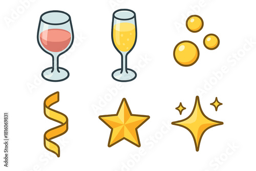 Festive Glass Icons. Celebratory Glass flat icon set : wine glass, champagne flute, golden bubbles, ribbon curl, star shimmer, festive sparkle