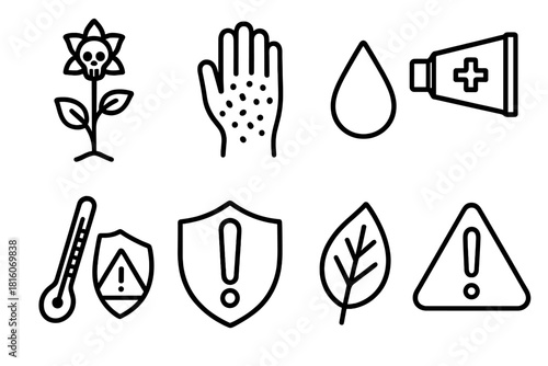 Poisonous Plant Warning Icons. Plant toxin exposure concept linear icon set: poisonous flower, rash hand, droplet, medical ointment, thermometer, shield, leaf, exclamation