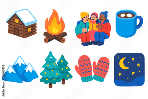 Winter Mountain Icons. Mountain Winter Gathering flat icon set: wooden lodge, fire pit, friends laughing, hot cocoa, snow-covered peaks, trees with lights, wool mittens, serene