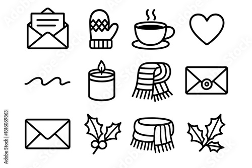 Cozy Winter Icons. Cozy Correspondence linear icon set : open letter, wool mitten, teacup, paper heart, handwritten word, ink line, candle jar, wool scarf, soft light, envelope
