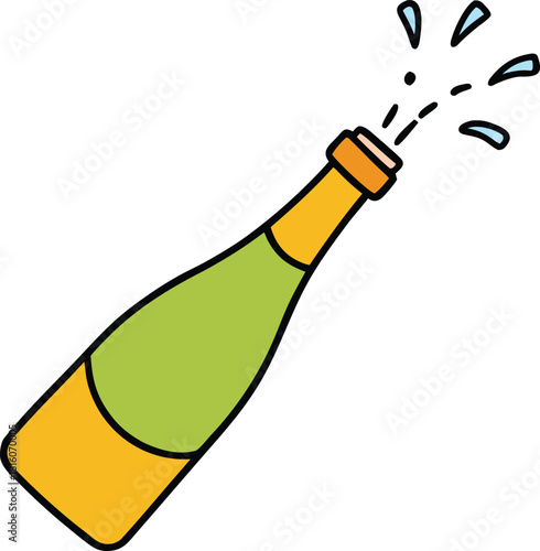 A celebratory champagne bottle pops open with a burst of effervescence against a stark black background symbolizing joy and new beginnings