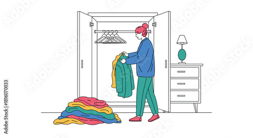 Line art illustration of a young woman with pink hair tidying her closet and sorting through a colorful pile of clothes.