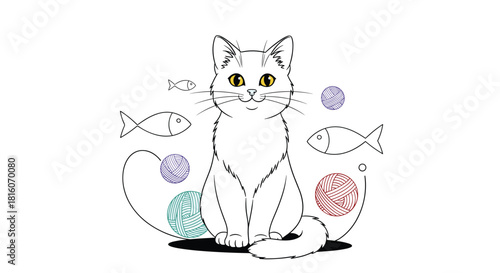 Adorable white cat with bright yellow eyes sitting among colorful balls of yarn and fish icons in a cute cartoon illustration.