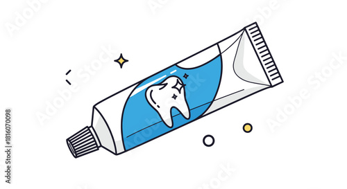 Cartoon illustration of a tube of toothpaste with a sparkling clean tooth graphic on the label against a white background.