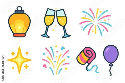 Vibrant Celebration Icons. Celebration Nightfest Symbols set flat icon set: glowing lantern, champagne glasses, fireworks explosion, streamer roll, neon sparkle, confetti burst