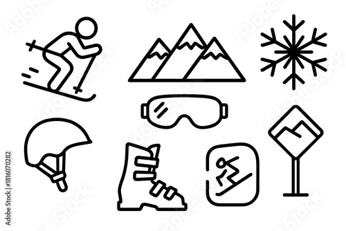Alpine Skiing Icons. Alpine Skiing linear icon set: skier, ski poles, goggles, mountain, snowflake, helmet, ski boots, slope sign
