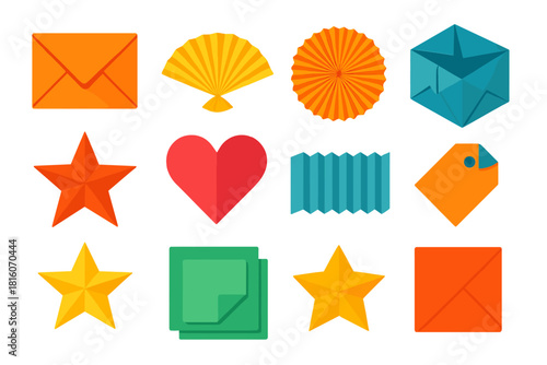 Vibrant Paper Creations. Crafted Paper flat icon set : folded envelope, paper fan, pleated circle, origami box, star fold, paper heart, accordion fold, corner crease, folded tag