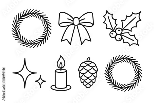 Festive Wreath Icons. Wreath design linear icon set : pine wreath, ribbon bow, holly leaves, berries, star, sparkle, candle, pinecone