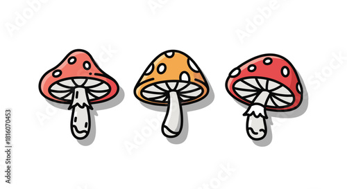 Set of three colorful and whimsical toadstool mushrooms with spots in a hand-drawn doodle style with black outlines.